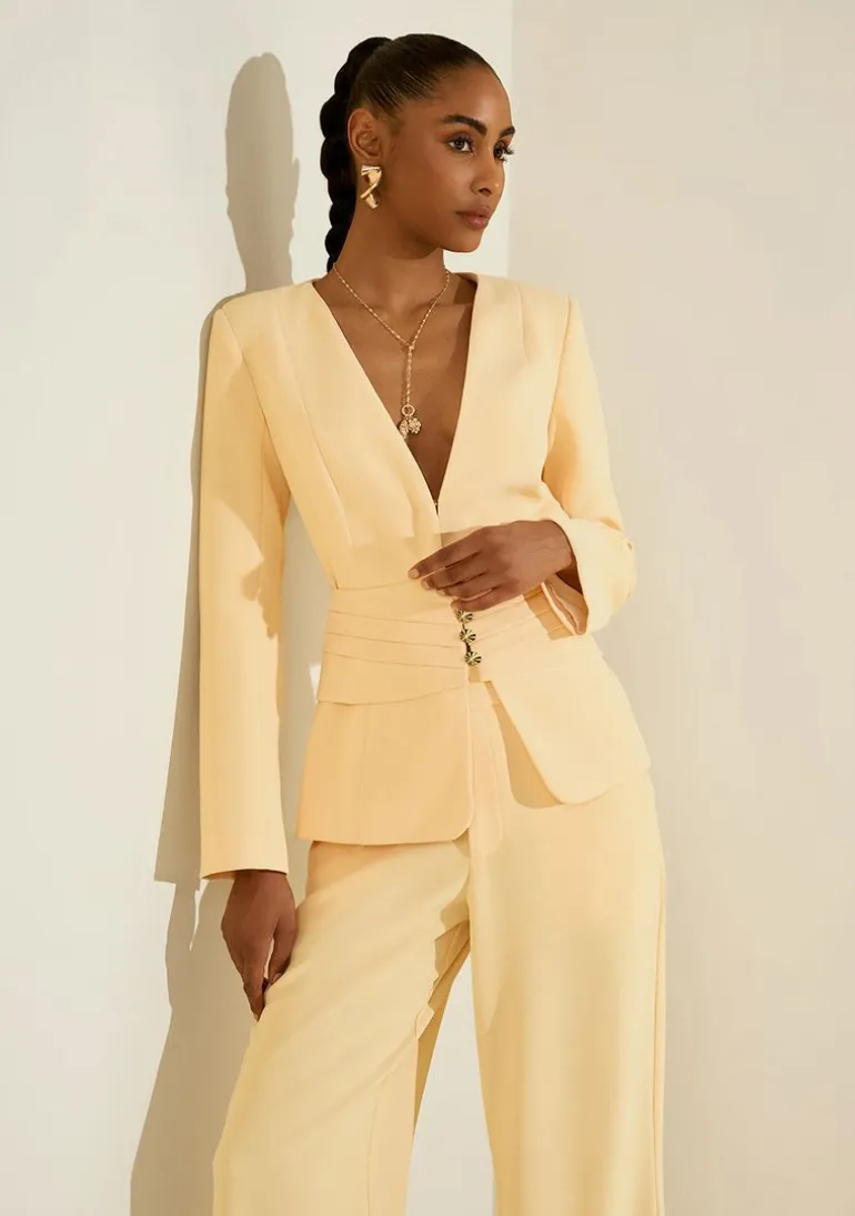 Blazer Morena Rosa Ajustado Manga Longa Padrão Amarelo