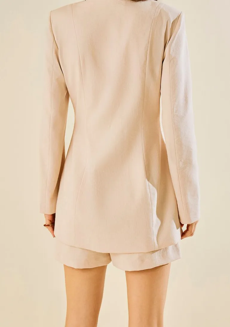 Blazer Morena Rosa Ajustado Manga Longa Alongado Bege