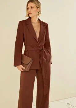 Blazer Morena Rosa Solto Manga Longa Padrão Marrom