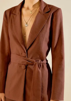 Blazer Morena Rosa Solto Manga Longa Padrão Marrom