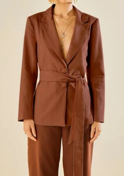 Blazer Morena Rosa Solto Manga Longa Padrão Marrom