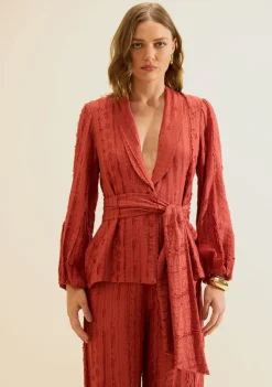 Blazer Morena Rosa Solto Manga Longa Padrão Vermelho