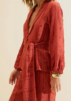 Blazer Morena Rosa Solto Manga Longa Padrão Vermelho