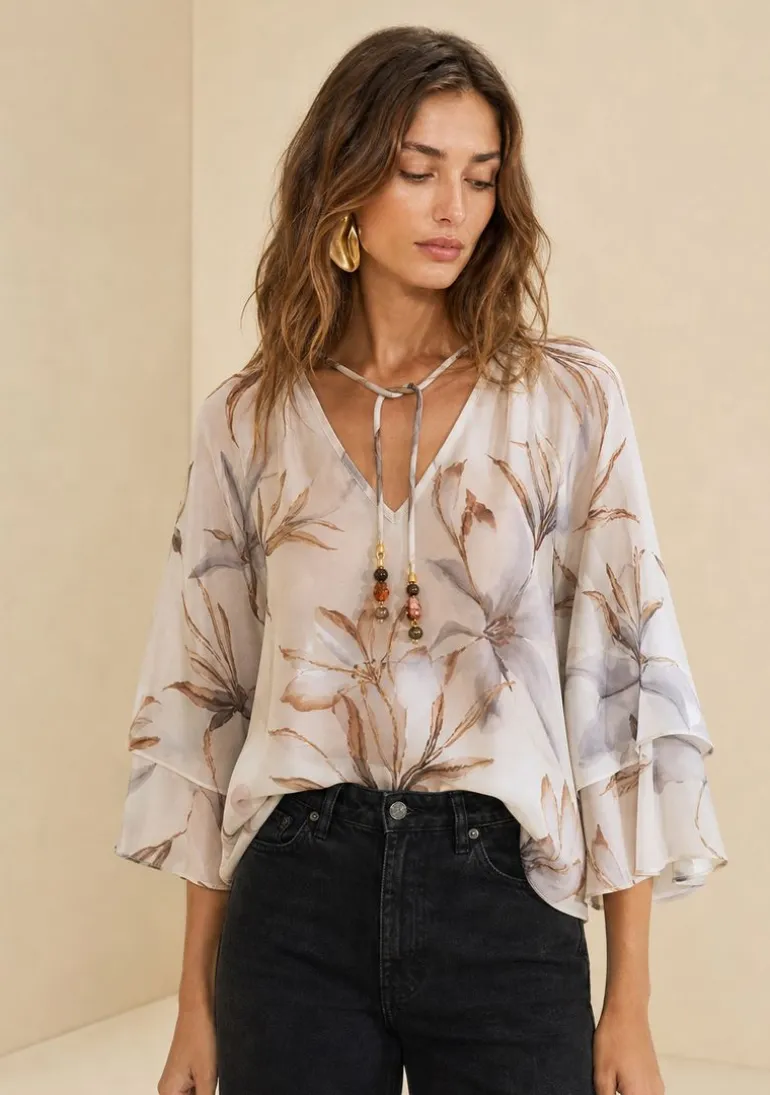 Blusa Decote V Flora Azul