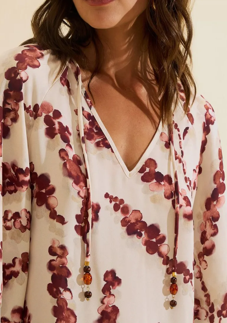 Blusa Decote V Flora Bege