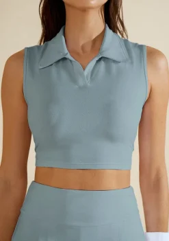 Blusa Morena Rosa Ajustada Decote V Manga Curta Cropped Azul
