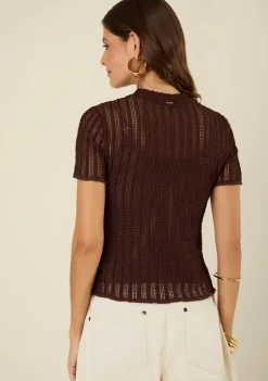Blusa Morena Rosa Ajustada Decote Careca Manga Curta Padrão Marrom