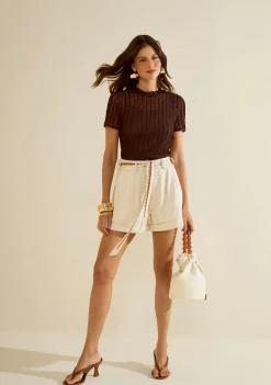 Blusa Morena Rosa Ajustada Decote Careca Manga Curta Padrão Marrom