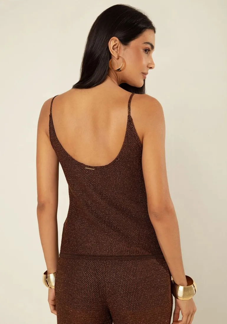 Blusa Morena Rosa Ajustada Decote Costas Sem Manga Padrão Marrom