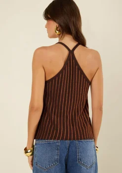 Blusa Morena Rosa Ajustada Decote Reto Sem Manga Padrão Marrom