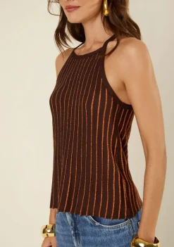 Blusa Morena Rosa Ajustada Decote Reto Sem Manga Padrão Marrom