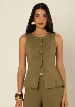 Blusa Morena Rosa Ajustada Decote Canoa Sem Manga Padrão Verde