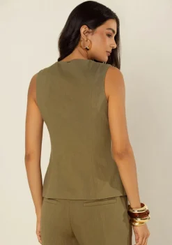 Blusa Morena Rosa Ajustada Decote Canoa Sem Manga Padrão Verde