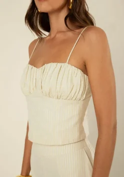 Blusa Morena Rosa Ajustada Decote Reto Sem Manga Padrão Bege