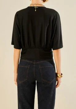 Blusa Morena Rosa Ajustada Decote V Manga Curta Padrão Preto