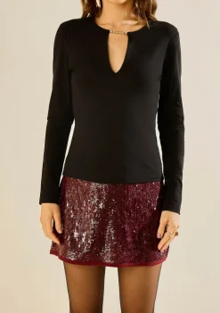 Blusa Morena Rosa Ajustada Decote V Manga Longa Padrão Preto
