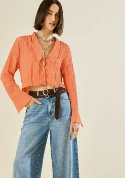 Blusa Morena Rosa Ajustada Decote V Manga Longa Padrão Marrom