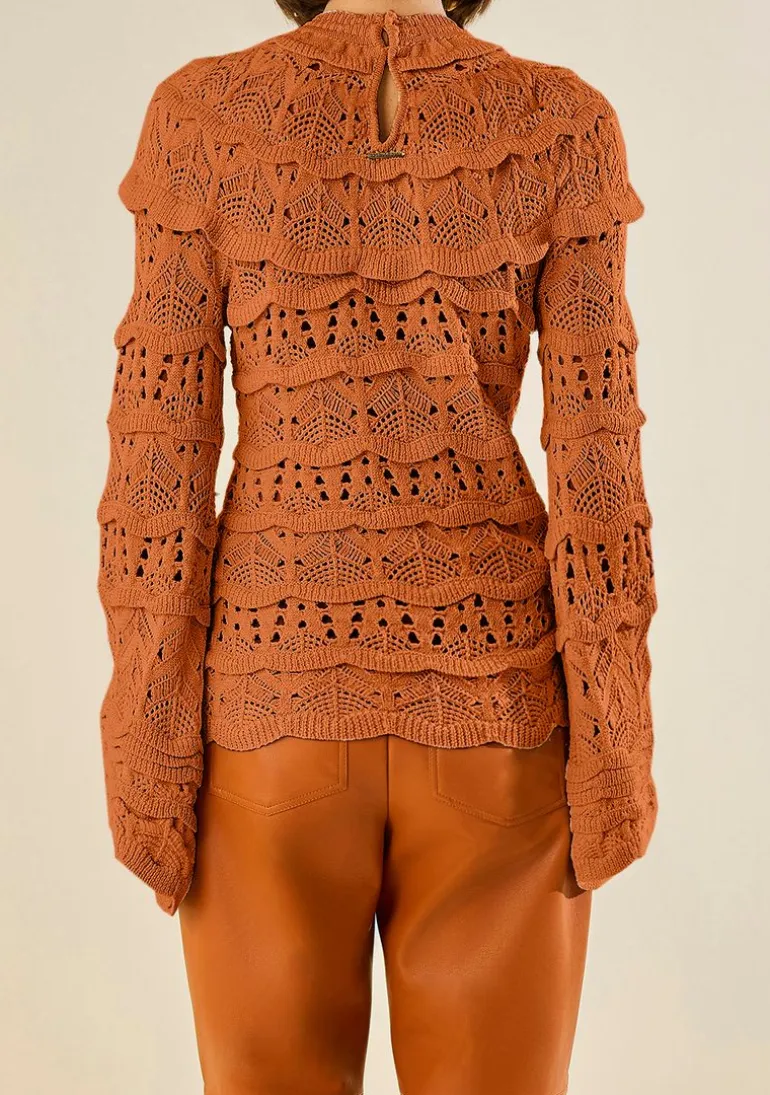 Blusa Morena Rosa Ajustada Decote Careca Manga Longa Alongada Marrom