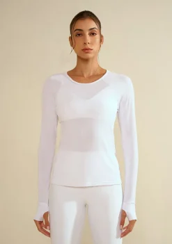 Blusa Morena Rosa Ajustada Decote Careca Manga Longa Padrão Branco