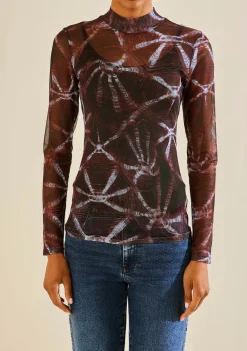 Blusa Morena Rosa Ajustada Gola Alta Manga Longa Padrão Bordo
