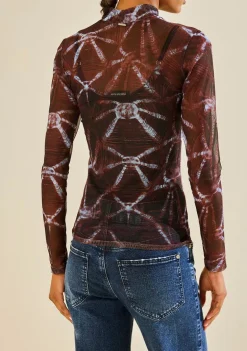 Blusa Morena Rosa Ajustada Gola Alta Manga Longa Padrão Bordo
