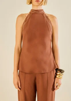 Blusa Morena Rosa Ajustada Gola Alta Sem Manga Alongada Marrom