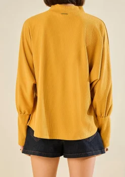 Blusa Morena Rosa Ajustada Gola Alta Manga Longa Padrão Amarelo