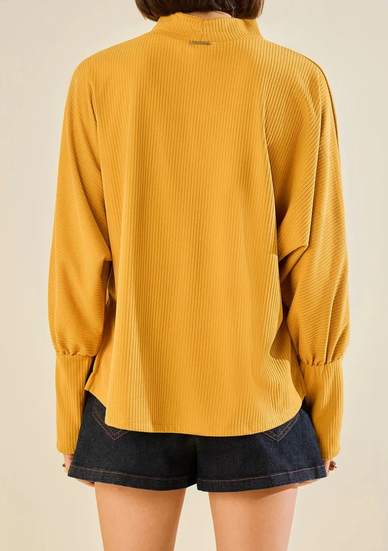 Blusa Morena Rosa Ajustada Gola Alta Manga Longa Padrão Amarelo