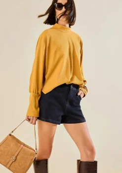 Blusa Morena Rosa Ajustada Gola Alta Manga Longa Padrão Amarelo
