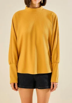 Blusa Morena Rosa Ajustada Gola Alta Manga Longa Padrão Amarelo