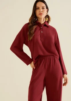 Blusa Morena Rosa Ajustada Gola Clássica Manga Longa Padrão Bordo