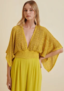 Blusa Morena Rosa Decote V Manga Curta Detalhe Barra Amarelo