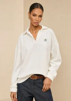 Blusa Morena Rosa Oversized Decote Careca Manga Longa Padrão Off White