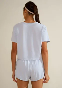 Blusa Morena Rosa Solta Decote Careca Manga Curta Cropped Azul