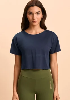 Blusa Morena Rosa Solta Decote Careca Manga Curta Cropped Azul Escuro