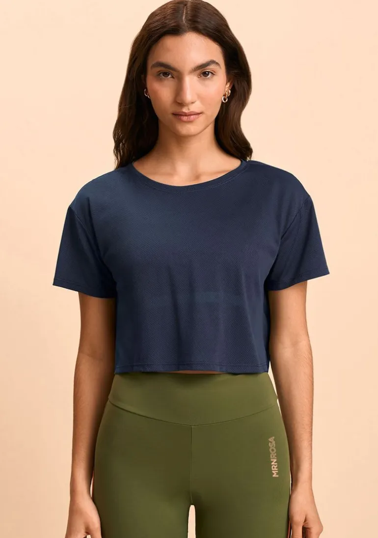 Blusa Morena Rosa Solta Decote Careca Manga Curta Cropped Azul Escuro