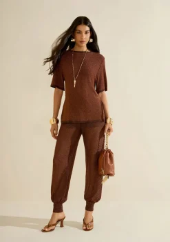 Blusa Morena Rosa Solta Decote Careca Manga Curta Padrão Marrom