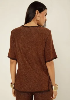 Blusa Morena Rosa Solta Decote Careca Manga Curta Padrão Marrom