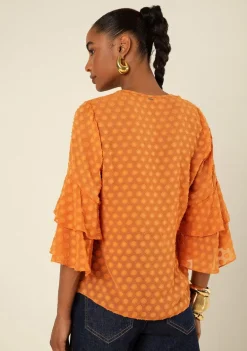 Blusa Morena Rosa Solta Decote V Manga 7 Oitavos Padrão Laranja