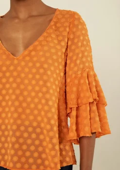 Blusa Morena Rosa Solta Decote V Manga 7 Oitavos Padrão Laranja