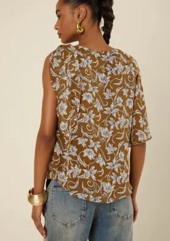 Blusa Morena Rosa Solta Decote Canoa Manga Curta Padrão Marrom