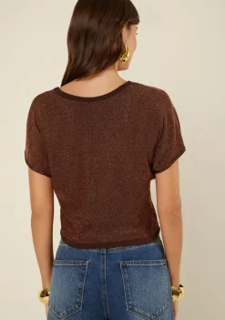 Blusa Morena Rosa Solta Decote V Manga Curta Padrão Marrom