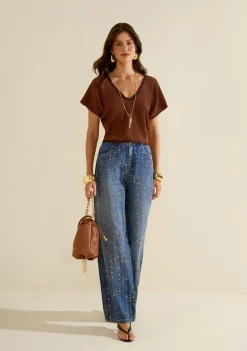 Blusa Morena Rosa Solta Decote V Manga Curta Padrão Marrom