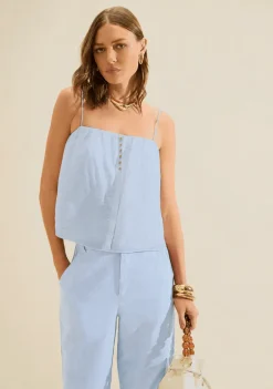 Blusa Morena Rosa Solta Decote Reto Sem Manga Padrão Azul