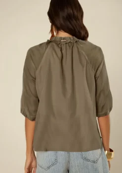 Blusa Morena Rosa Solta Decote V Manga 3 Quartos Padrão Verde