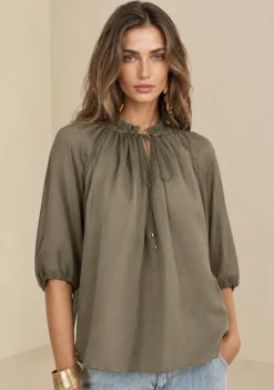 Blusa Morena Rosa Solta Decote V Manga 3 Quartos Padrão Verde