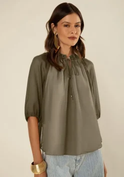 Blusa Morena Rosa Solta Decote V Manga 3 Quartos Padrão Verde