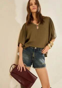 Blusa Morena Rosa Solta Decote V Manga Curta Padrão Verde