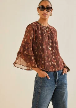 Blusa Morena Rosa Solta Decote Careca Manga Longa Padrão Marrom