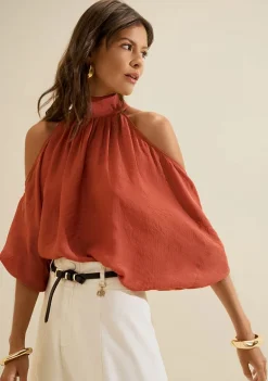 Blusa Morena Rosa Solta Gola Alta Manga Longa Padrão Marrom